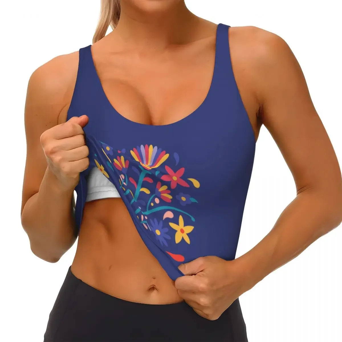 Aangepaste Mexicaanse Otomi bloemensamenstelling kunst High Impact sportbeha's Folk bloemen patroon naadloze training Running Crop Tank Tops