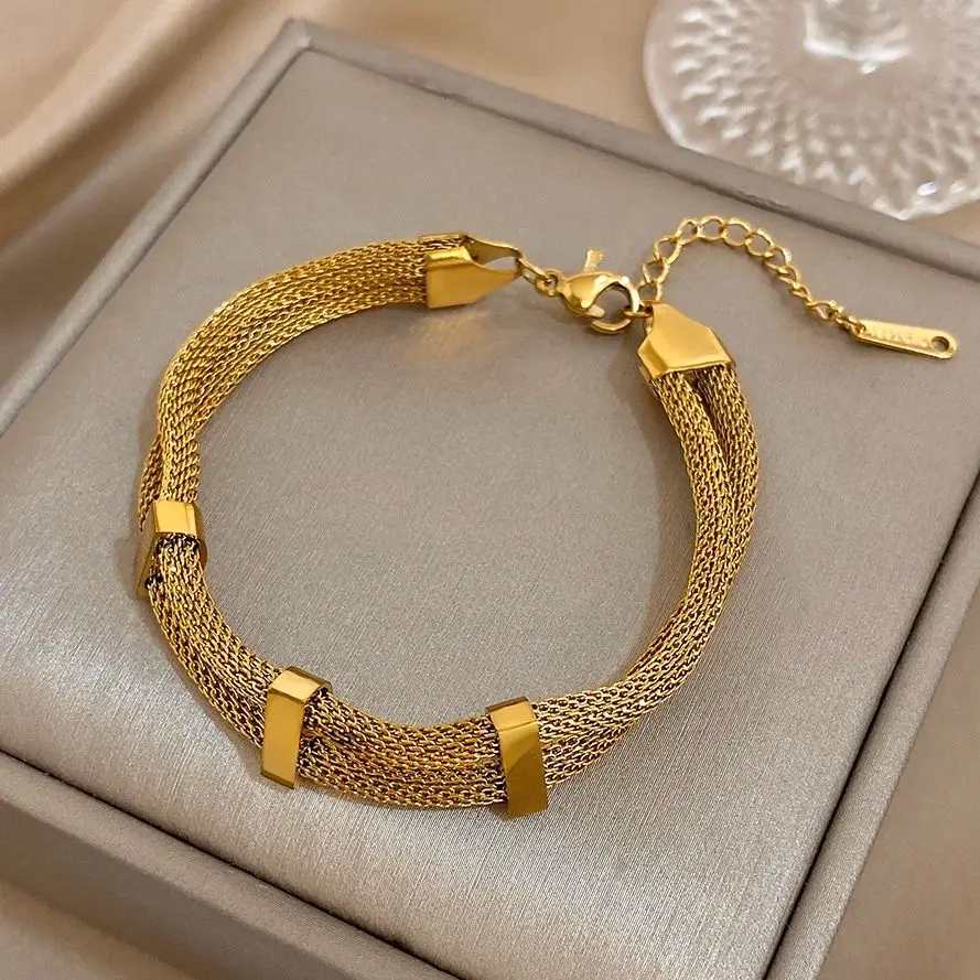 Trend Chic Gold Color Stainless Steel Double Layered Mesh Chains Bracelet Elegant Versatile Stackable Wrist Jewelry Gift