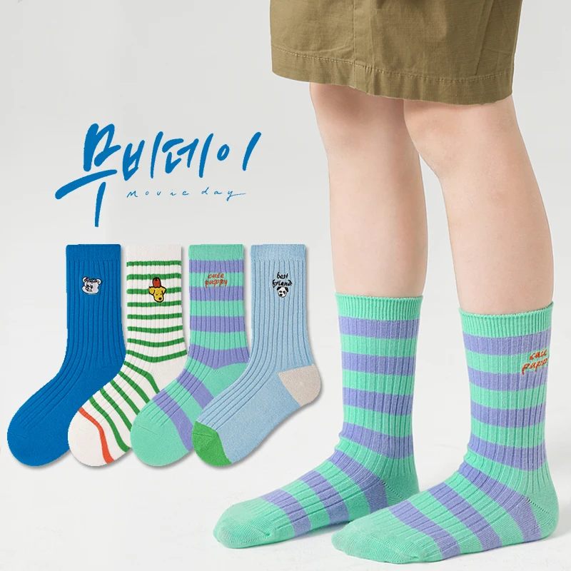 

2024 Socks Children Socks Newest Fashion Striped Cartoon Letter Pattern Socks Kids Boys Girls Spring Socks 4 Pairs