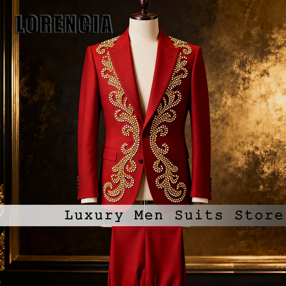 

Unique Crystal Suits for Male 2 Pieces Single Breasted Wedding Party Groom Tuxedos Set Customized Blazer Pants costumes homme