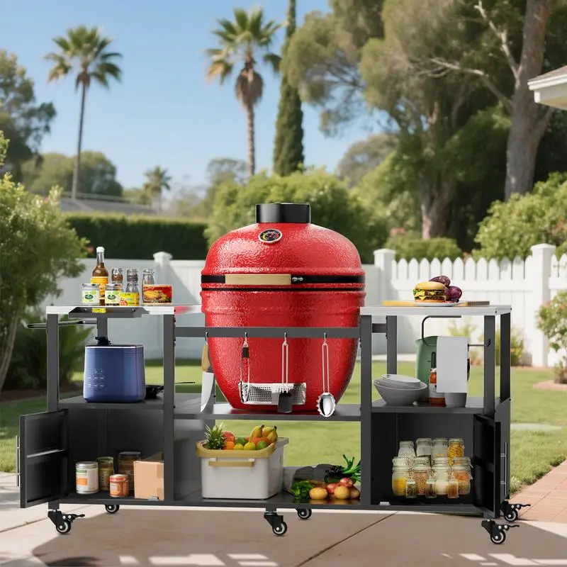 

Outdoor Grill Table for Kamado BBQ, Metal Grill Cart with Storage Box, Fits Large Egg, Compact for BBQ Enthusiasts
