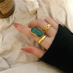 New Fashion Silver Gold Color Open Finger Ring Green Stone Punk Luxury Elegant For Women Girl Jewelry Gift Dropship Wholesale