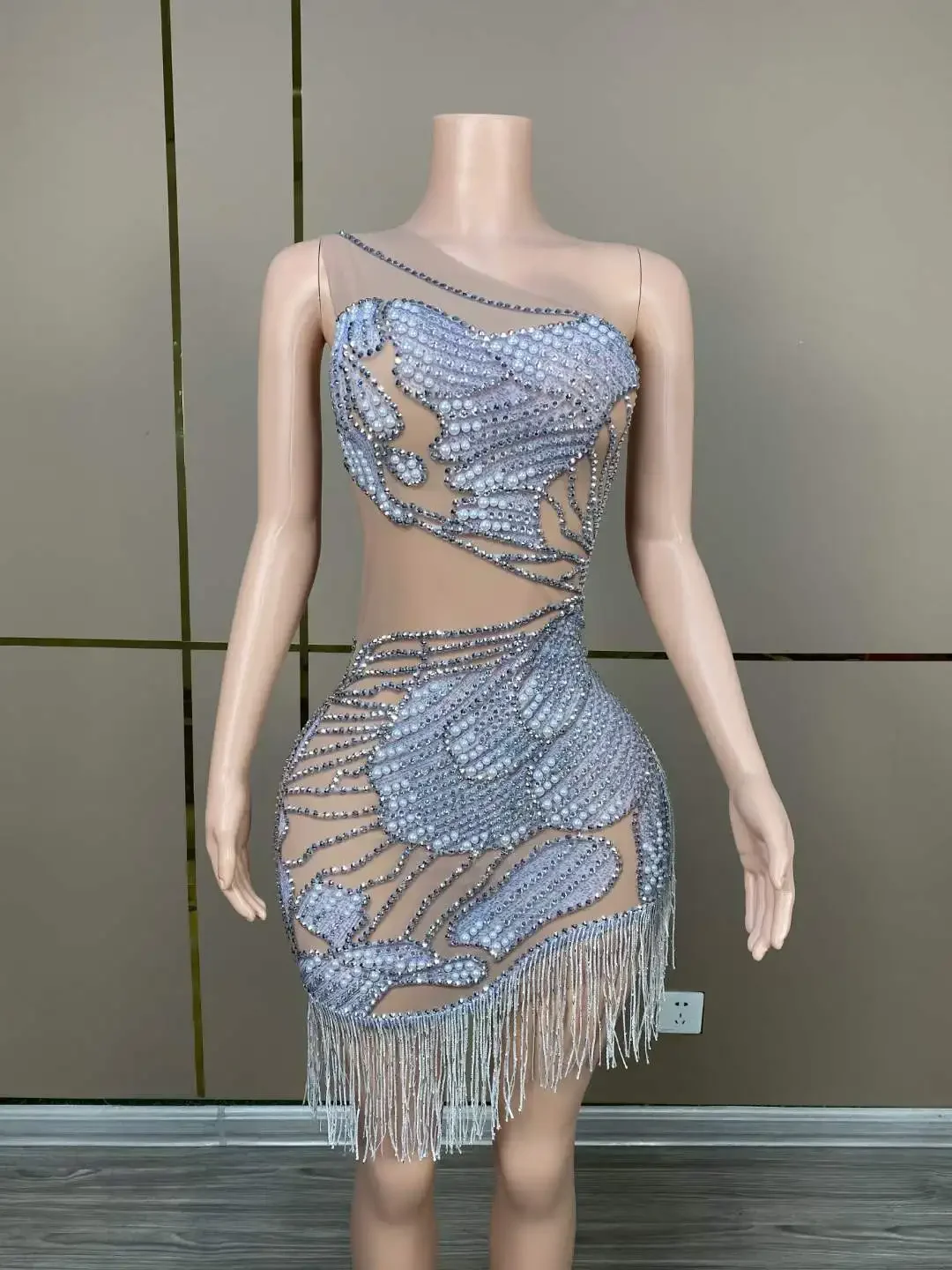 

Singer Rhinestone Sexy Tassels Dress For Women Vegas Show Jazz Fringe Party Samba Performance Mesh Sheer Dance Costume 2024