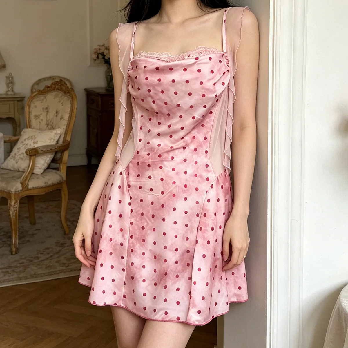 Sweet Girls Pink Red Dot Spaghetti Strape Pajamas for Women Summer Loose Flower Mesh Night Dress Sleepwear