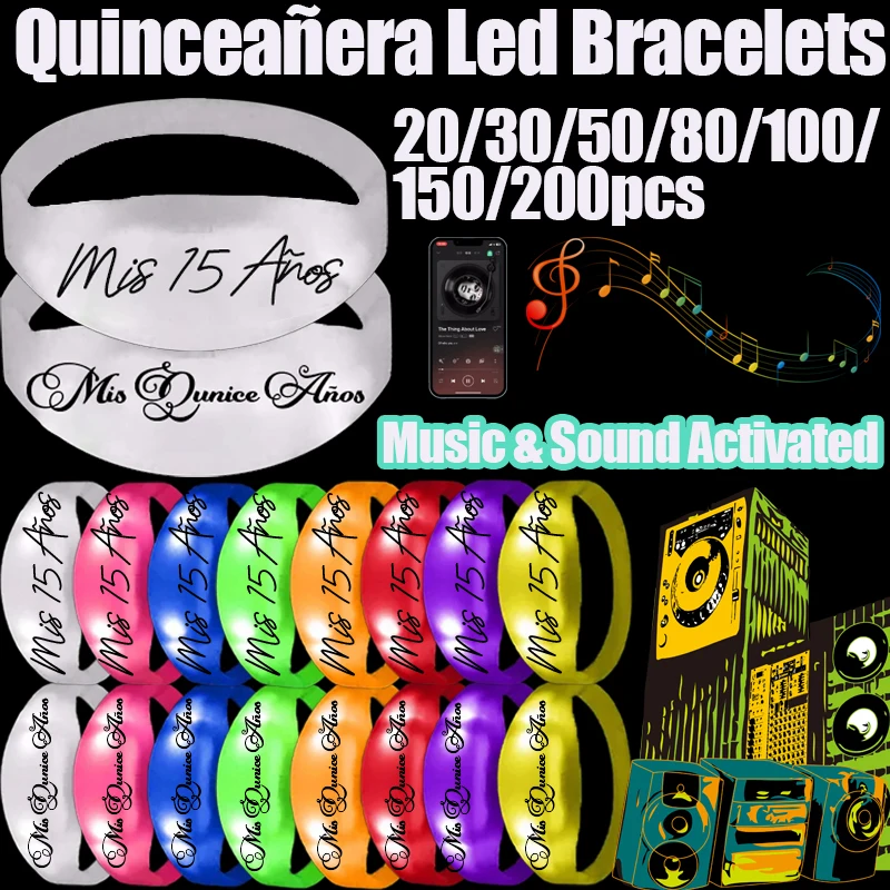 20–200 Stück Mis Quince Años Armbänder Musik- und Tonaktiviertes LED-Armband für 15-jährige Mädchen-Geburtstagsfeier, leuchtende Armbänder
