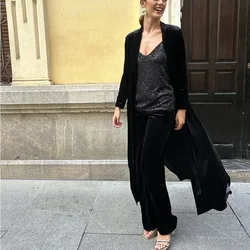 Solid Elegant Velvet Office Lady Two-piece Set Fall Winter Long Cardigan Outwear with Wide Leg Pants Suit Women Fashion Coat Set