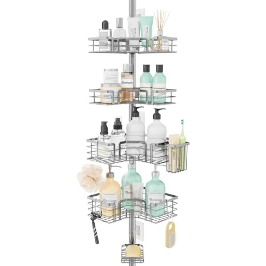 

Shower Caddy Tension Pole - 4-Tier Corner Shower Organizer Tension Rod with Soap Holder, Toothbrush Holder and 4 Hooks, Adjusta