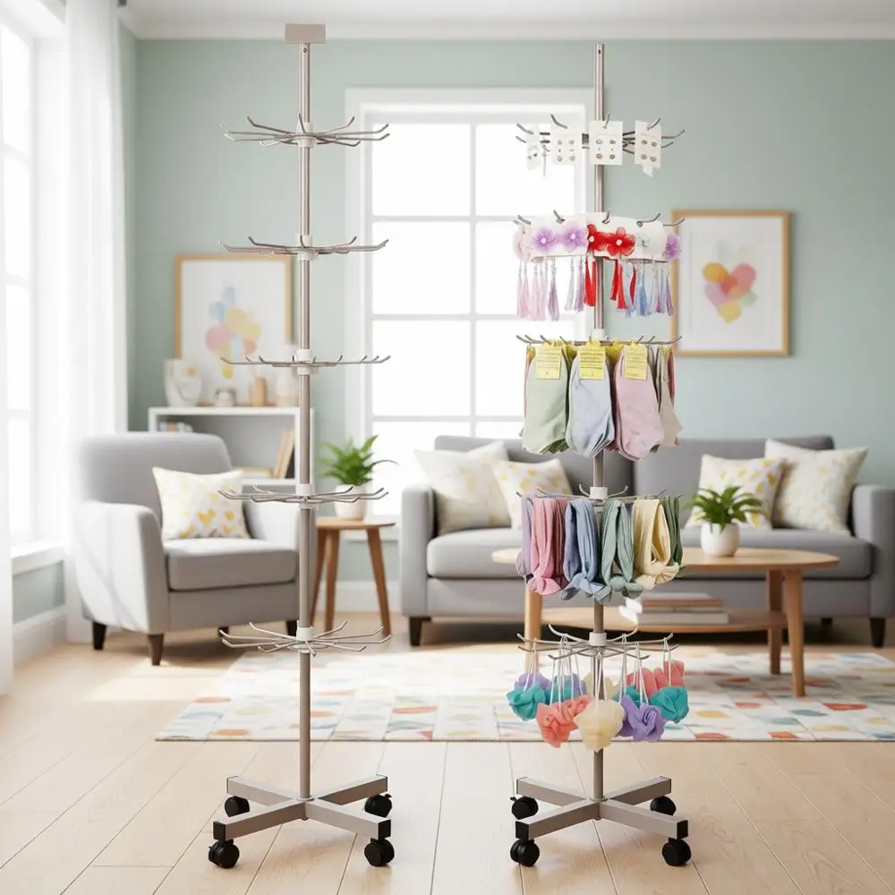 

5-Tier Metal Spinning Display Rack with Wheels for Keychains, Jewelry, Hats - Ideal for Malls, Showrooms, Retail Stores (Grey)