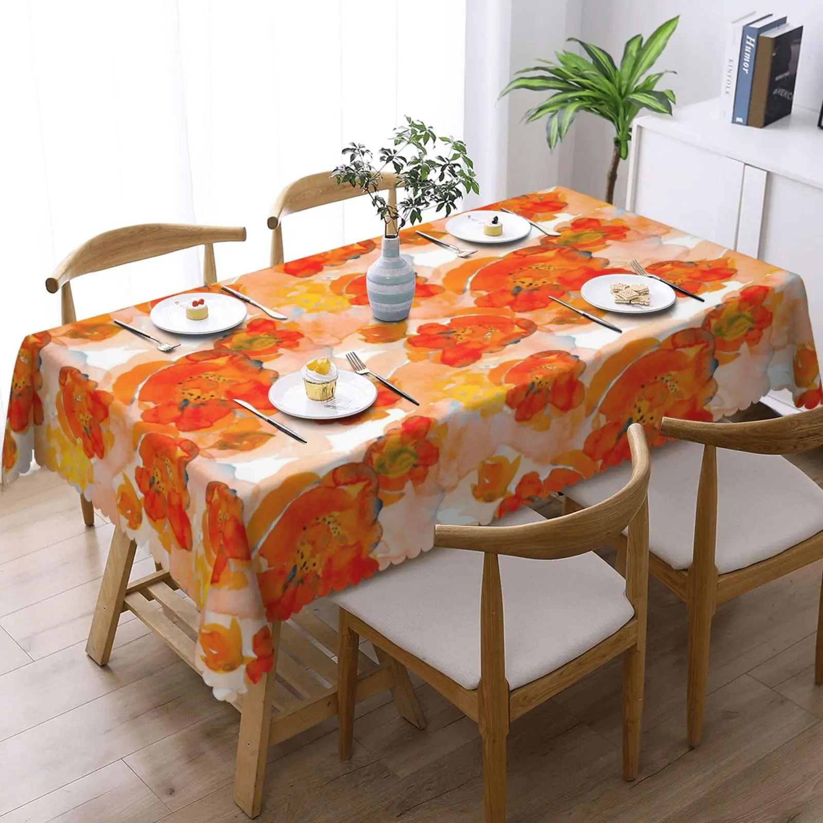 Orange Leaves Rectangular Tablecloth, Flowers Wavy  Border Polyester Table Cloth for Dining, Kitchen, Parties