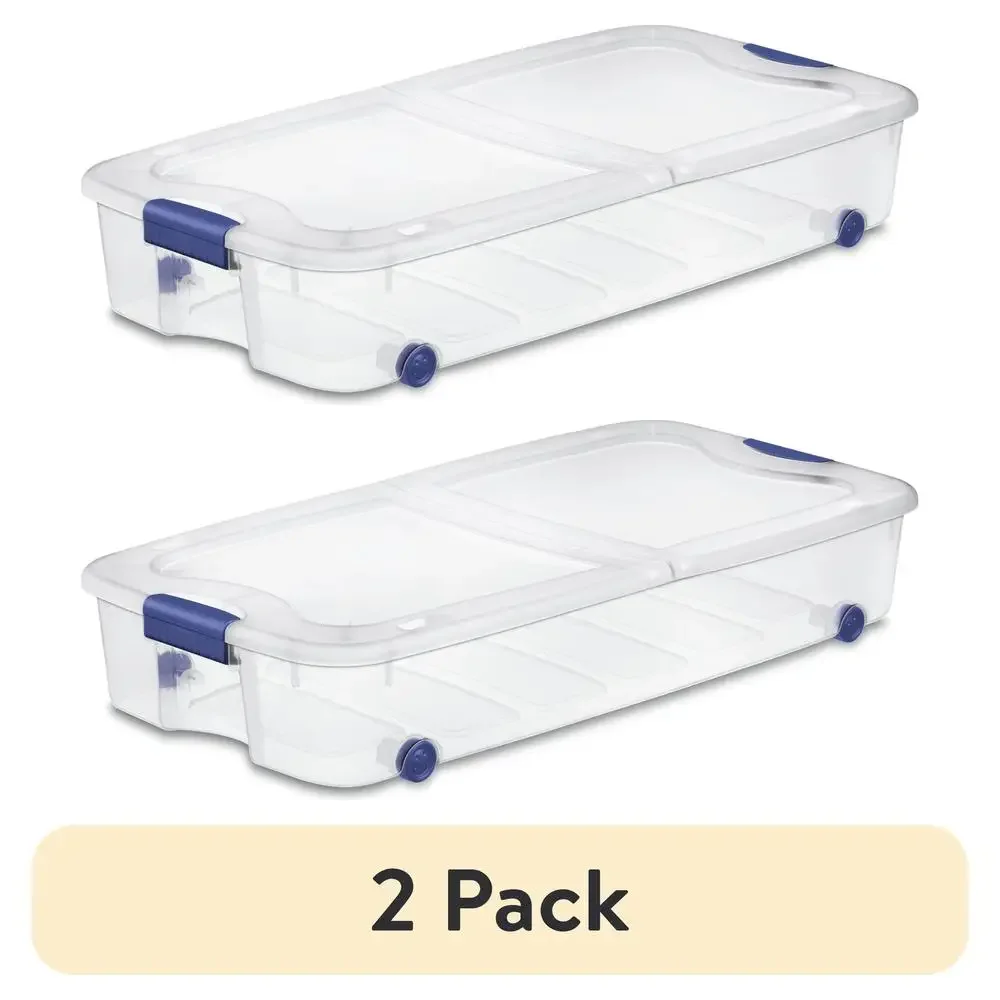 

2 Pack 66 Quart Stadium Blue Ultra Wheeled Underbed Storage Box Carrying Handles Stackable Clear Lid and Base Indexed Lids Easy