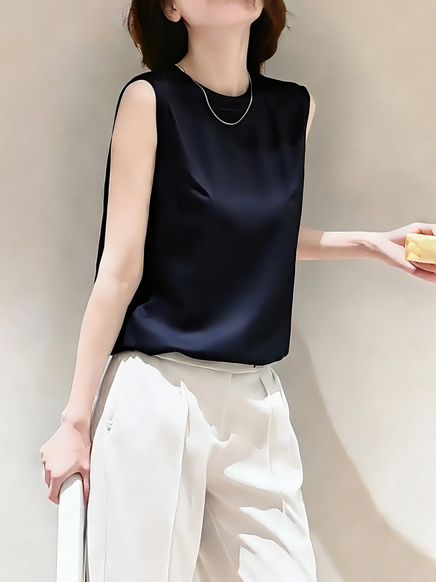 Elegant Sleeveless Vest Top round Neck Women's Fashion Slim Fit Back Split Autumn Outerwear Casual Comfortable Breathable