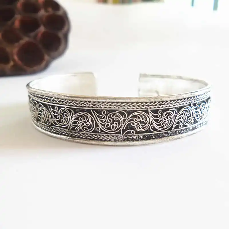 Nepal Copper Warpped Flower Silks Open Cuff Bangles Vintage Jewelry BB-481