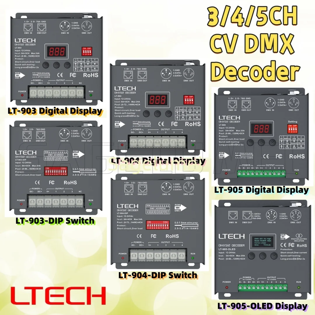 LT-903/904/905 DC12-24V DMX/RDM 3/4/5CH 6A/CH CV 8/16bit DMX512 Digital Display  XLR3pin RJ45 PWM Decoder For LED RGB/RGBW/RGBWY