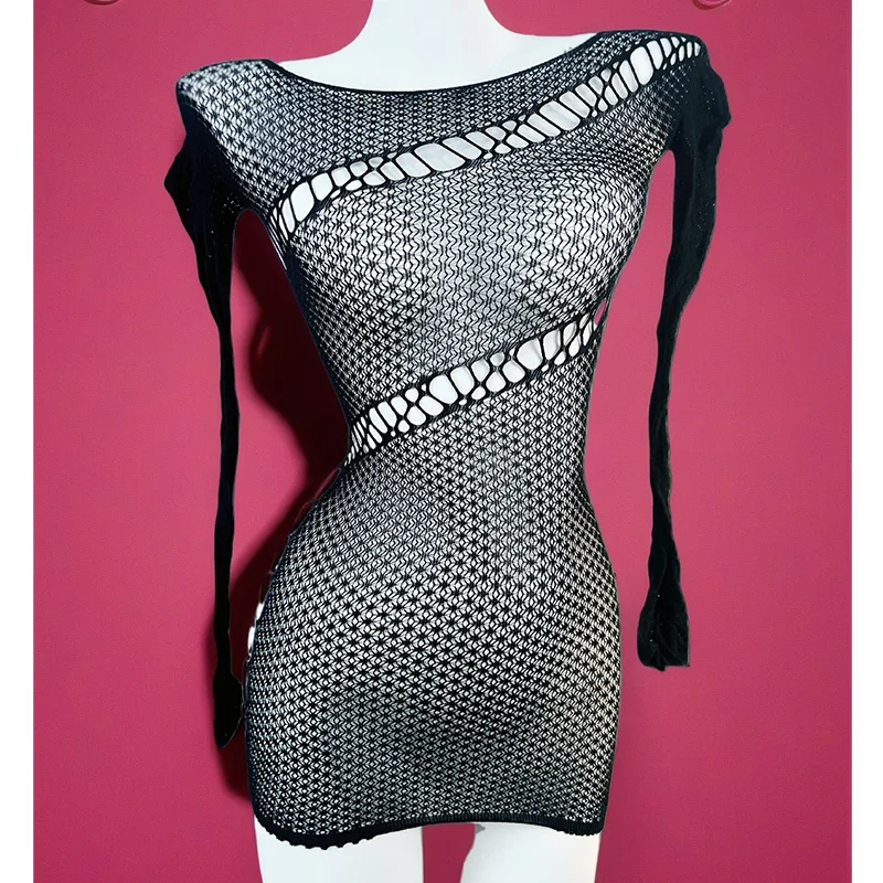 

1PC Women Fishnet Cover Up Without Bikini Sexy Lingerie See Through Hollow Out Bodycon Dress Long Sleeve Beachwear DS501