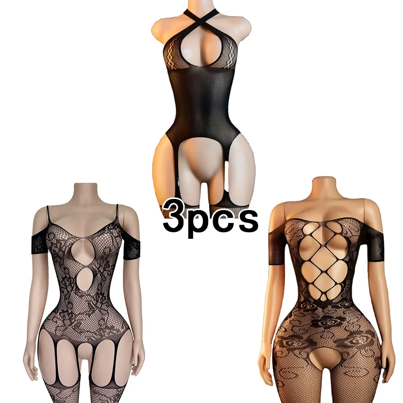 3-Piece Set – Sexy fishnet bodysuit, hourglass-style bodysuit; alluring yet playful and cute sleepwear.
