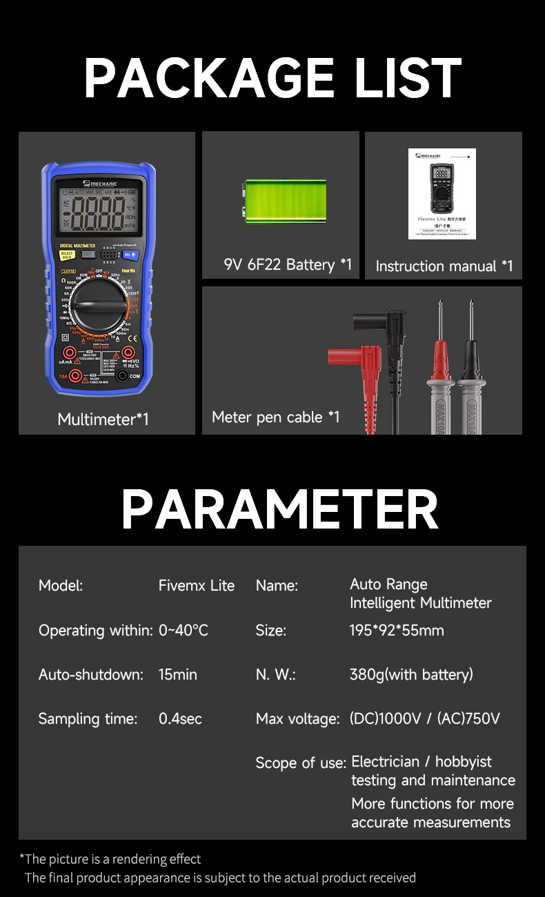 【MECHANISCH】 FourMx True RMS digitale multimeter 6000 tellingen NCV diodetest Data Hold Auto Power Off Circuit Component Tester