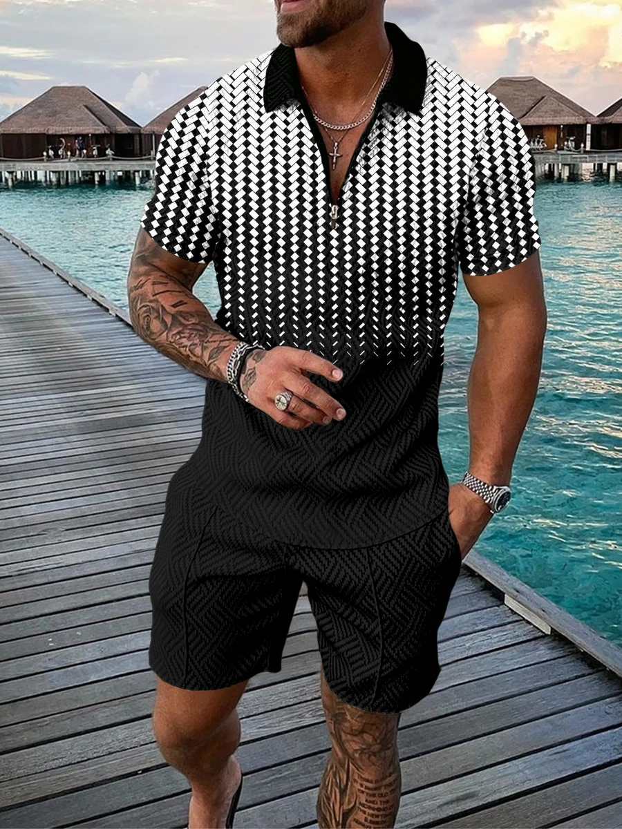 2023 New Summer Men\'s Shorts Set Short Sleeve Zip Polo Shirt Street T-shirt Two Piece Casual Sportswear