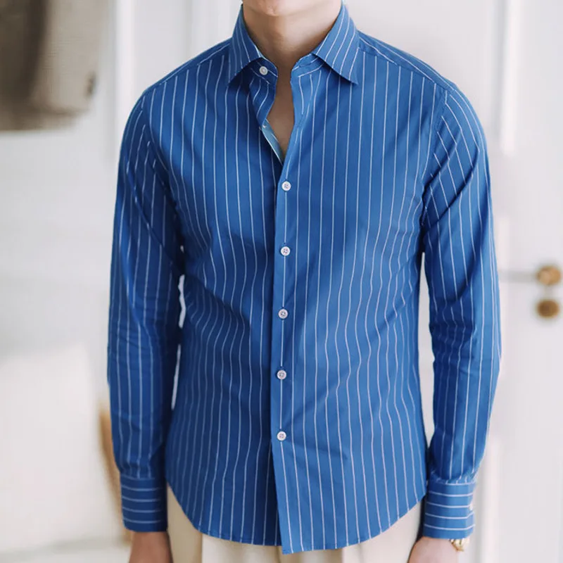 Casual Blue Stripe Shirt Men\'s Business Versatile Non Iron Naples Italian Splayed Collar Long Sleeved Gentleman Fashion Shirt