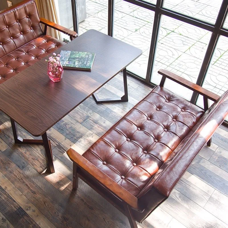 

Internet celebrity cafe milk tea shop table and chair combination office negotiation retro solid wood sofa simple leisure