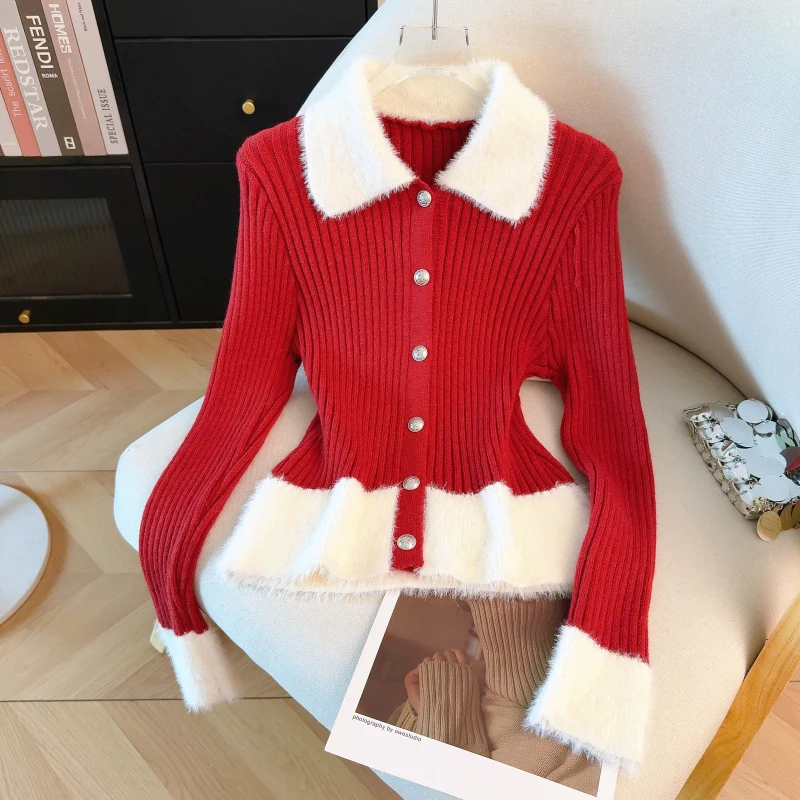 Spring 2026 Fresh Color-Block Collar Single-Row Button Design Elastic Slimming Versatile Knitted Women's Top