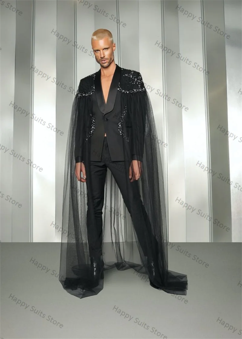 Luxury Black Cape Men Suit 2 Piece Blazer+Pants Crystals Formal Office Cotton Jacket Coat Wedding Tuxedo Customized Trousers