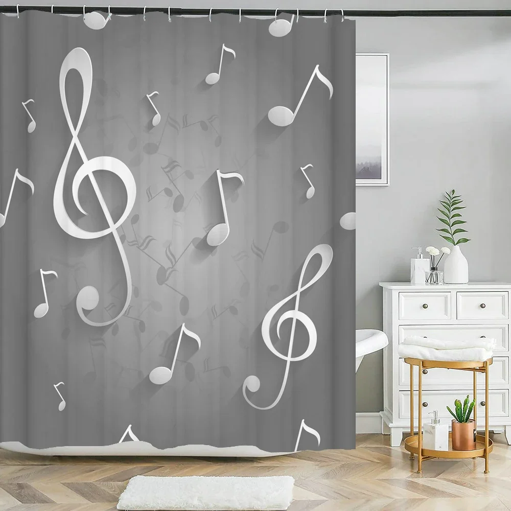 200x180cm Bathroom Waterproof Shower Curtain Simple Art Music Notes Pattern Printed Polyester Home Decoration Curtain With Hooks