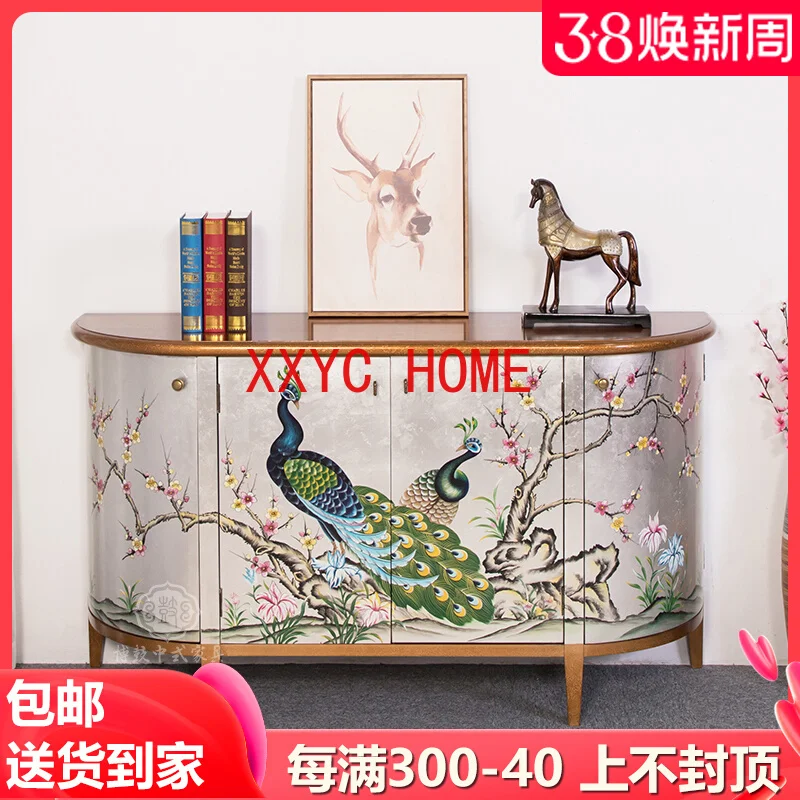 New Chinese Style Multi-Functional Entrance Door Silver Foil Peacock Korean Style Large Capacity Solid Wood Curio Cabinet