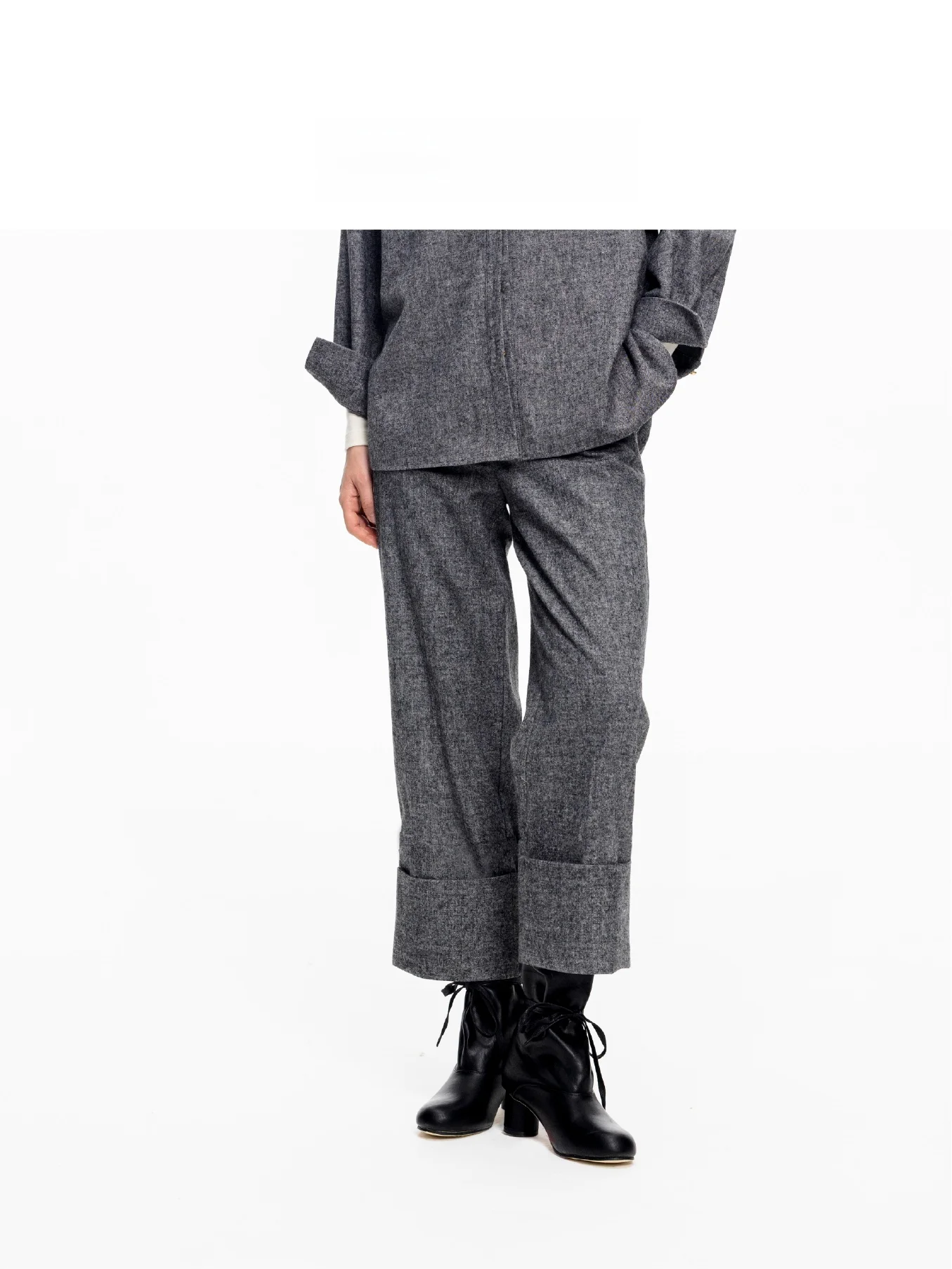

LIYIHAN Autumn Winter New Style Women's Grey Woolen Casual Pants Nine Points Straight Leg Small Audience Design Sense