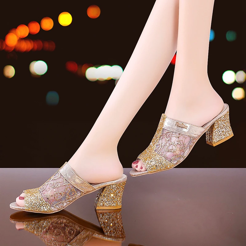 Gold Open Toe Sandals, Women\'s High Heels, Lace Dress Shoes, High Heels, Square Heels, Summer 2022