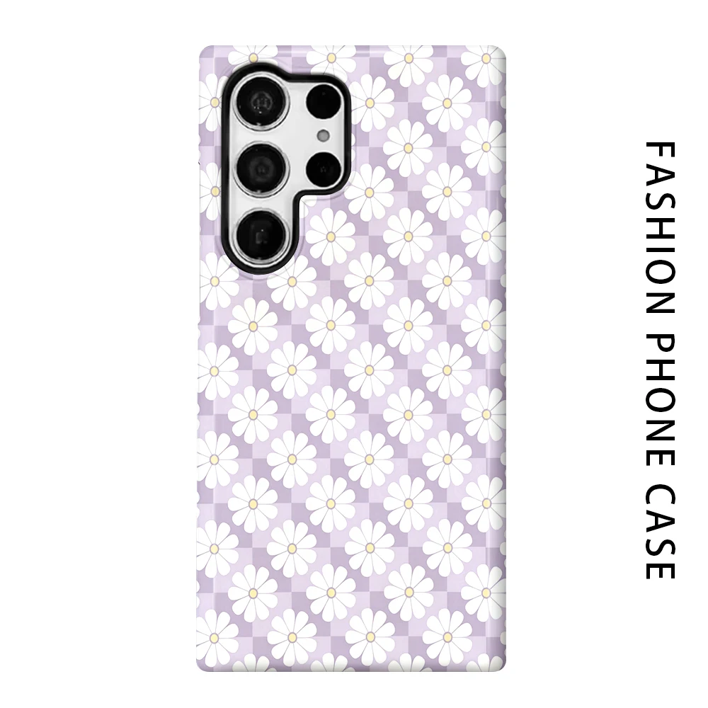 Flower Checkerboard Phone Case for For Samsung Galaxy S26 S25 S24 S23 S20 FE A56 A36 Ultra Glossy HD Hard Cover Film Shell