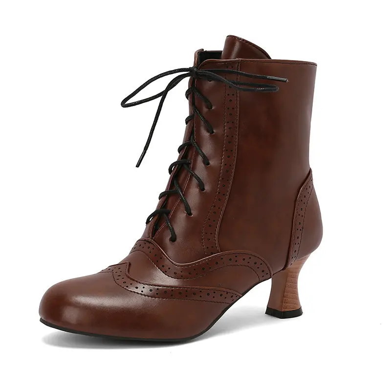 Botas con cordones para mujer, zapatos femeninos de punta redonda, zuecos de plataforma, tacón alto, botines de goma con cordones, otoño e invierno, 2024