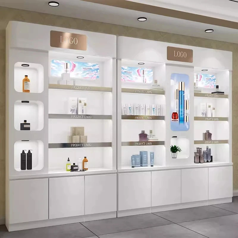 custom.Ultra Modern Durable Glass Back Cosmetic Display Stand with LED Panel Shopping Mall and Supermarket Reta