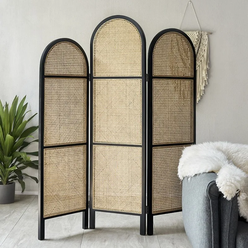 

Japanese-style solid wood rattan screen creative partition wall movable folding folding screen new Chinese small apartment simpl