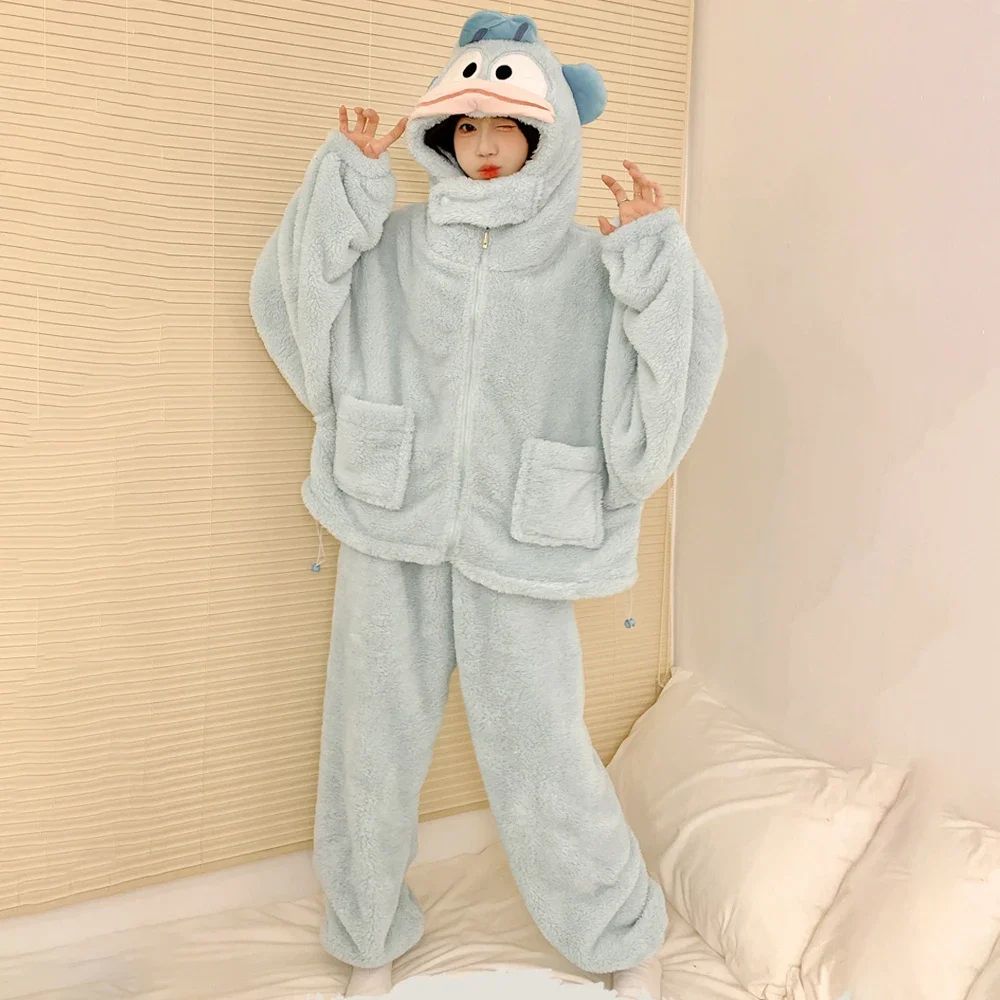 Sanrio Kawaii Kuromi Cinnamoroll Plush Pajamas Suit Anime My Melody Thickened Women Nightgown Winter Warm Homewear Tops Pants