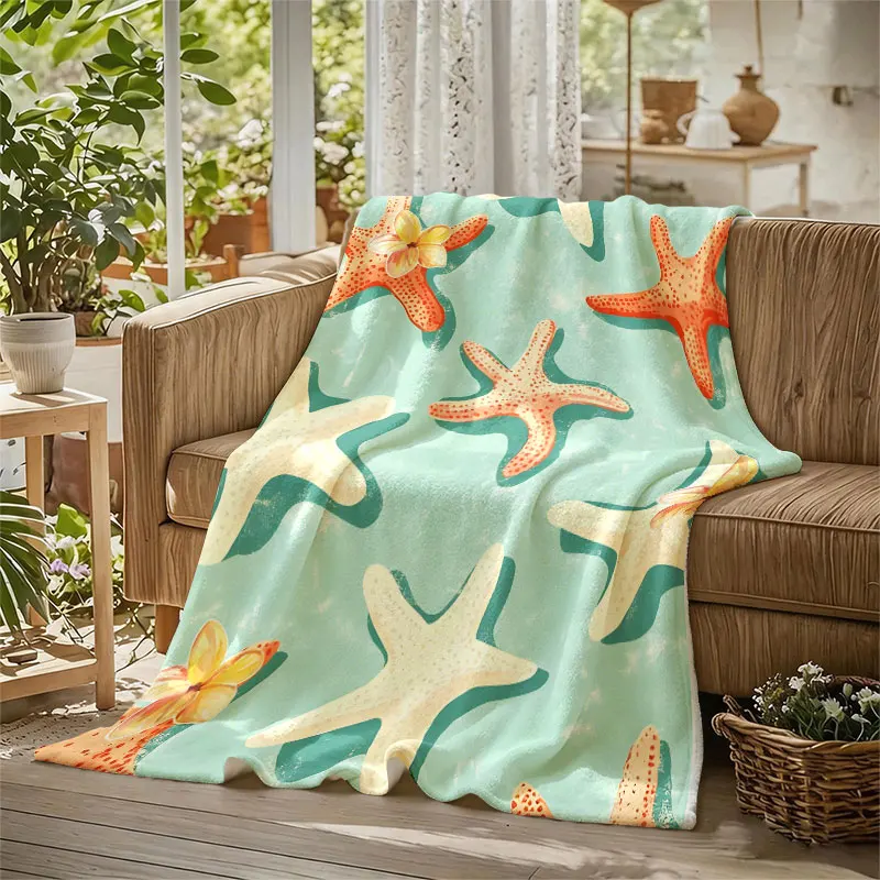 Coastal Starfish Flannel Blanket Warm Soft Halloween Christmas Decorative Couch Warm Cozy All-Season Gift