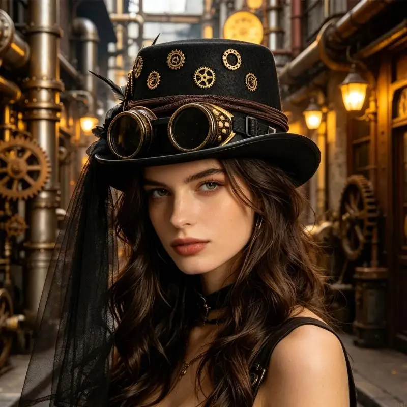 Steampunks-Themen-Mesh-Schleier-Top-Cap mit verstellbaren Brillendekoren, Modeaccessoire, Halloween-Kostümhüte, Y08E – Detail 8