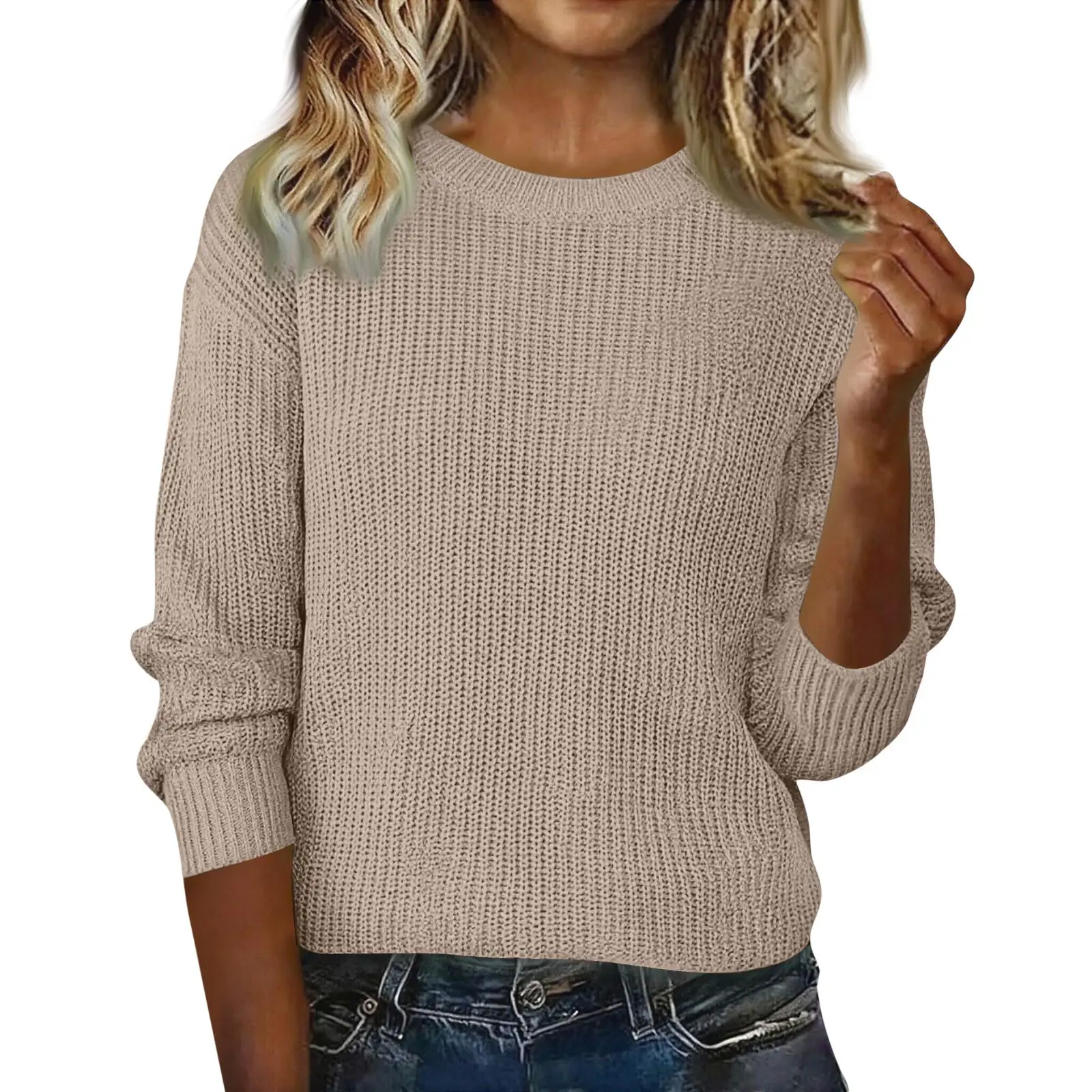2025 Women'S Fashion Casual Crew Neck Long Sleeve Pullover Sweater Top Loose Solid Color Knitted Jumper Multiple Colors