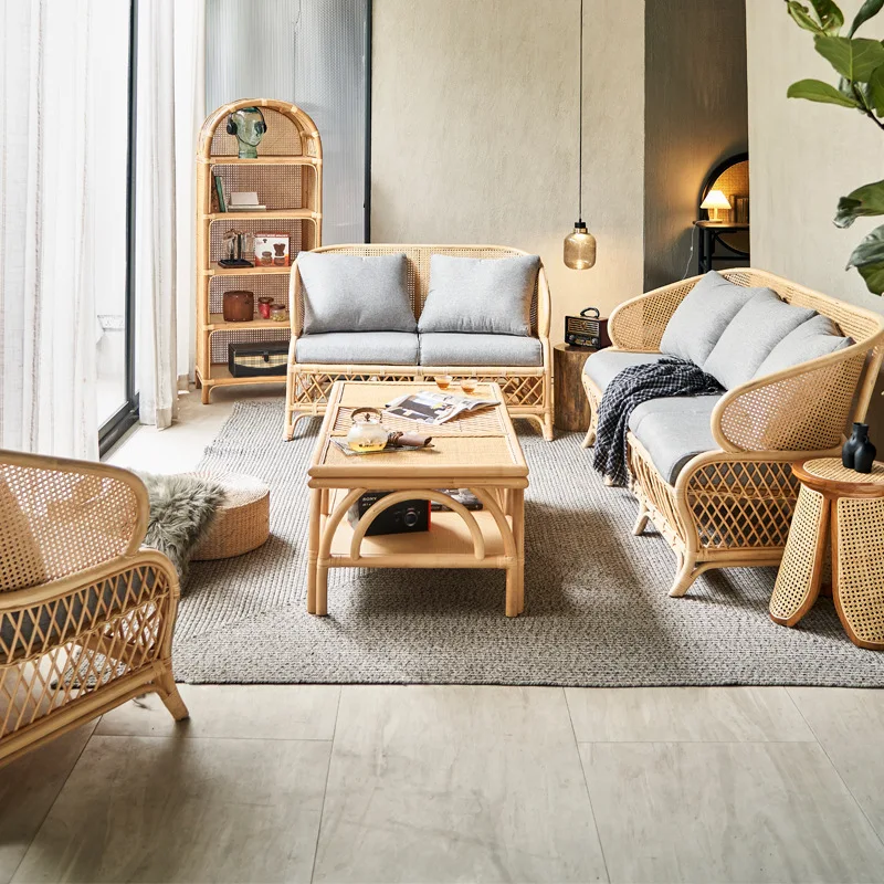 Nordic rattan sofa home leisure living room recliner rural balcony coffee table courtyard rattan chair combination bed and