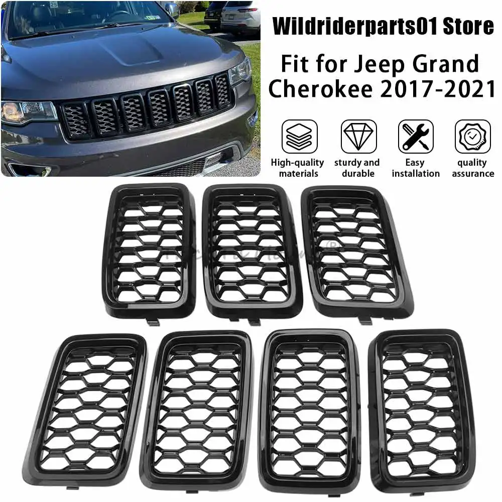 

For Jeep Grand Cherokee 2017 2018 2019 2020 2021 7Pcs Car Front Grille Honeycomb Mesh Insert Cover Trim Vivid Black/Chrome Black