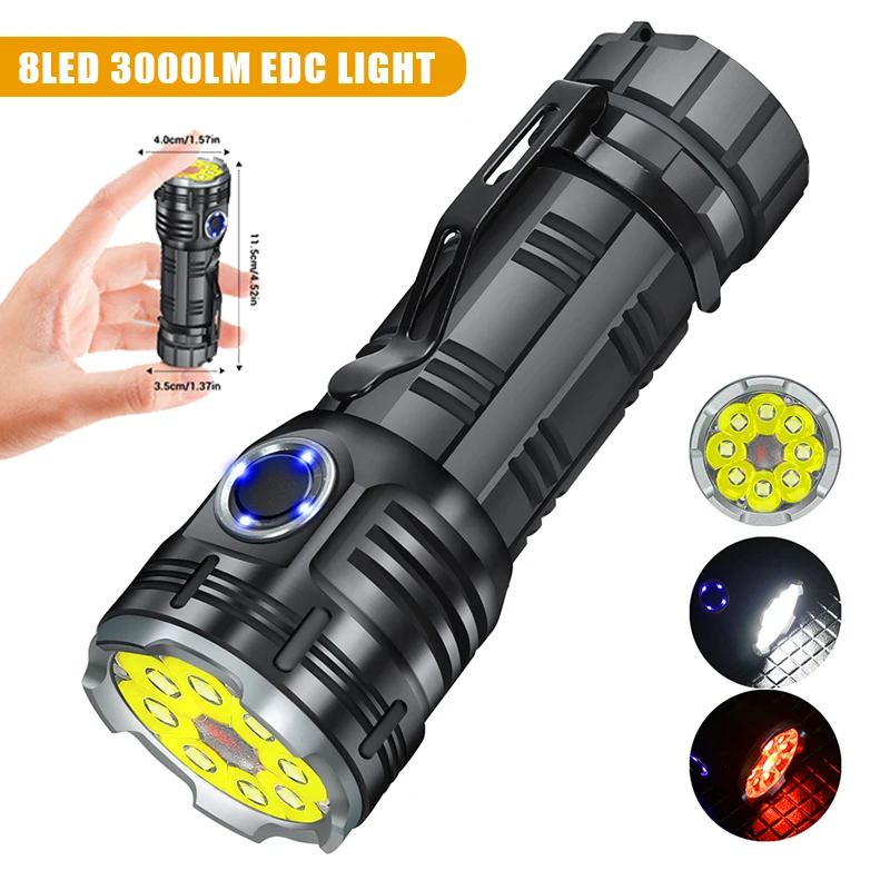 New LED Octagon Flashlight Super Bright Waterproof Outdoor Household Portable High-Power Long Life Pen Clamp Metal Cap Light