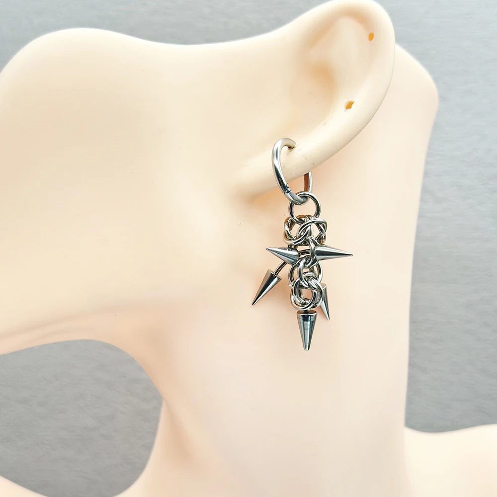 Punk Stainless Steel Hoops Spike Body Piercing Dangle Chainmail Earrings for Women Handmade Grunge Emo Spiky Rivet Earrings