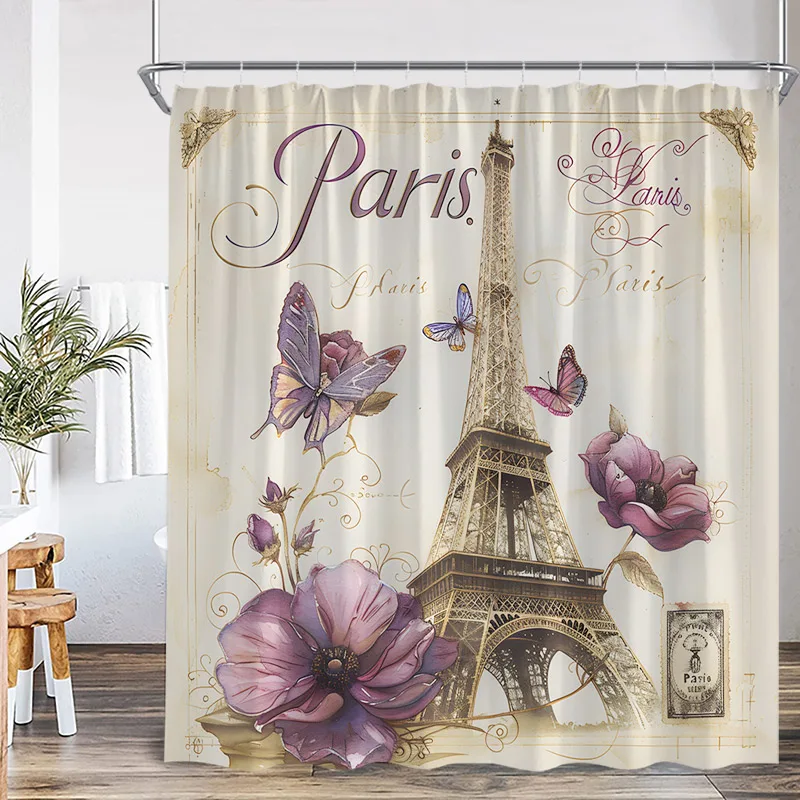 Paris Tower Shower Curtain Watercolour Floral Butterfly Vintage Art Bath Curtains Polyester Cloth Home Bathroom Decor with Hooks