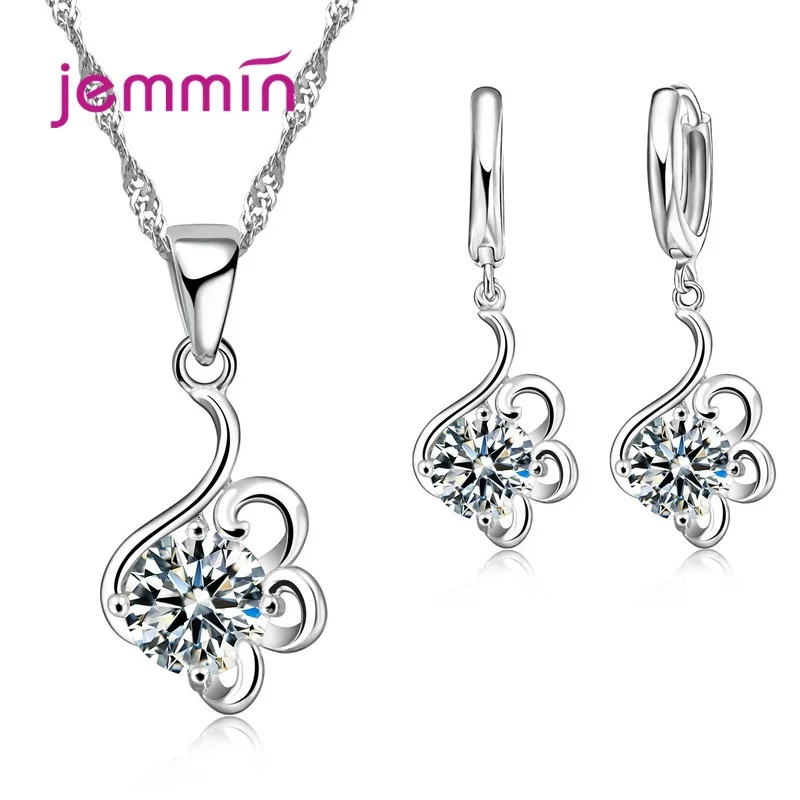 925 Sterling Siver Trendy Crystal Pendant Necklace Earrings Jewelry Set For Women Girls Wedding Engagement Fashion Jewelry