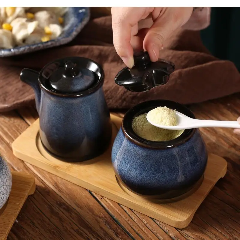 Storage Japanese Retro Ceramic Seasoning Box Household Salt Oil Bottle Combination Set Commercial Restaurant Tableware