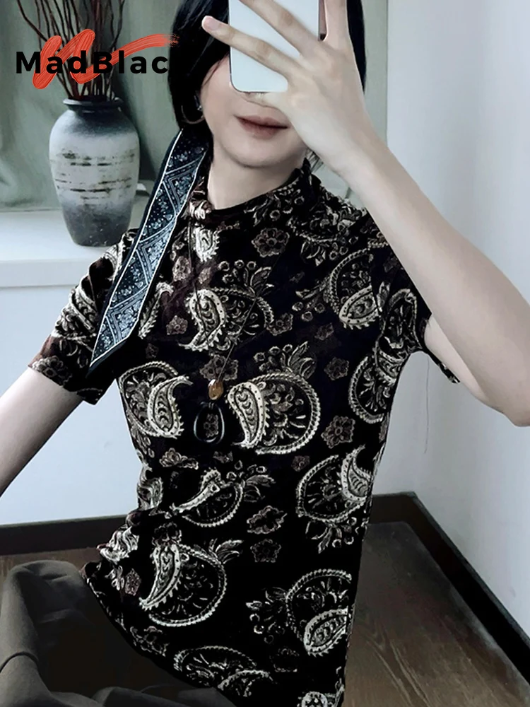 

MadBlack-Женская футболка с флокированием в европейском стиле, сексуальная водолазка с принтом пейсли, тонкая футболка в стиле ретро с короткими рукавами M-2XL, зима 2025 T5N607CC