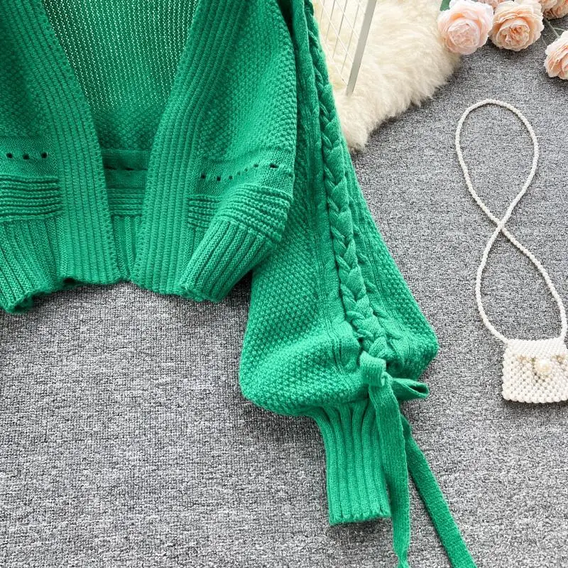 Green Casual Acrylic Knit V-Neck Lantern Long Sleeve Lace Up Women\'s Cardigan Sweater Short Cardigan For Women Clothing 2024