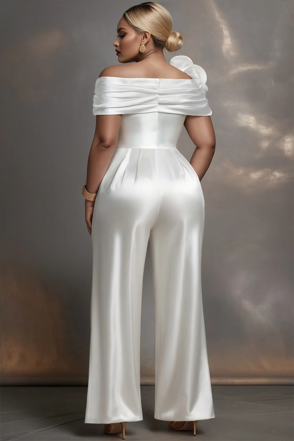 Plus Size Formal White Elegant Off The Shoulder 3D Pocket Satin Jumpsuits