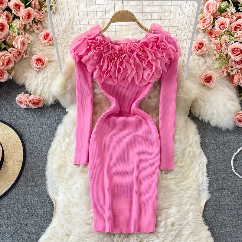 YuooMuoo Chic Fashion 3D Flower Women Dress 2023 New Autumn Winter Elegant Off Shoulders Full Sleeve Knit Bodycon Party Dress