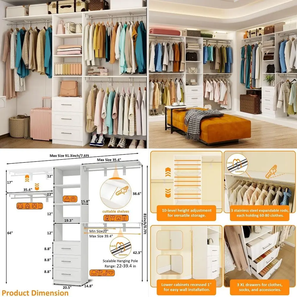 System with 6 Drawers, 4FT15FT 2Piece Closet System, Walk in Closet Organizer System, Modular Closet System with 10 Adjustable