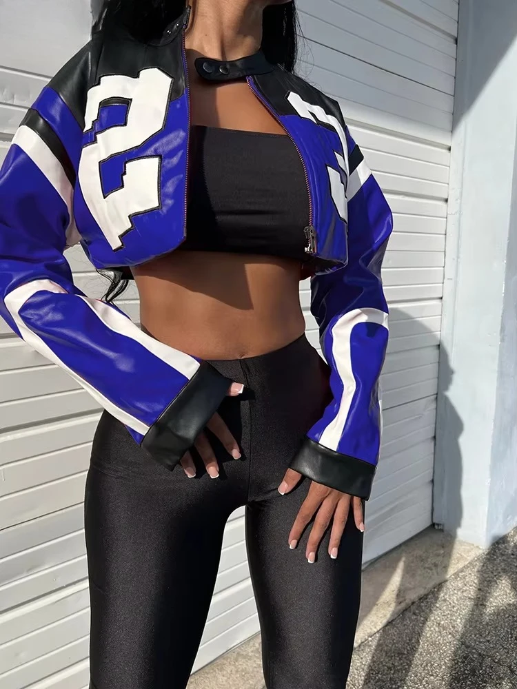 Women Hipster Letter Print Autumn Casual Sporty Wild Streetwear Uniform Trend Crop Coat Weird Puss Faux Leather Varsity Jacket